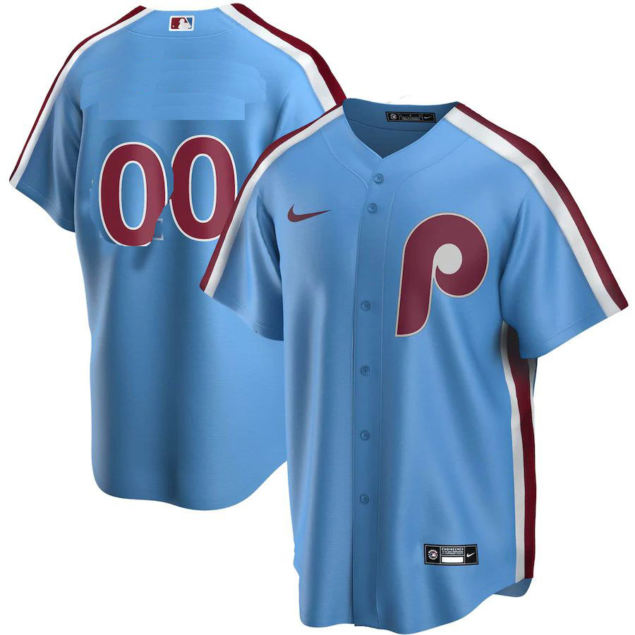 Custom Mens Philadelphia Phillies Nike Light Blue Road Cooperstown Collection Replica Player MLB Jerseys